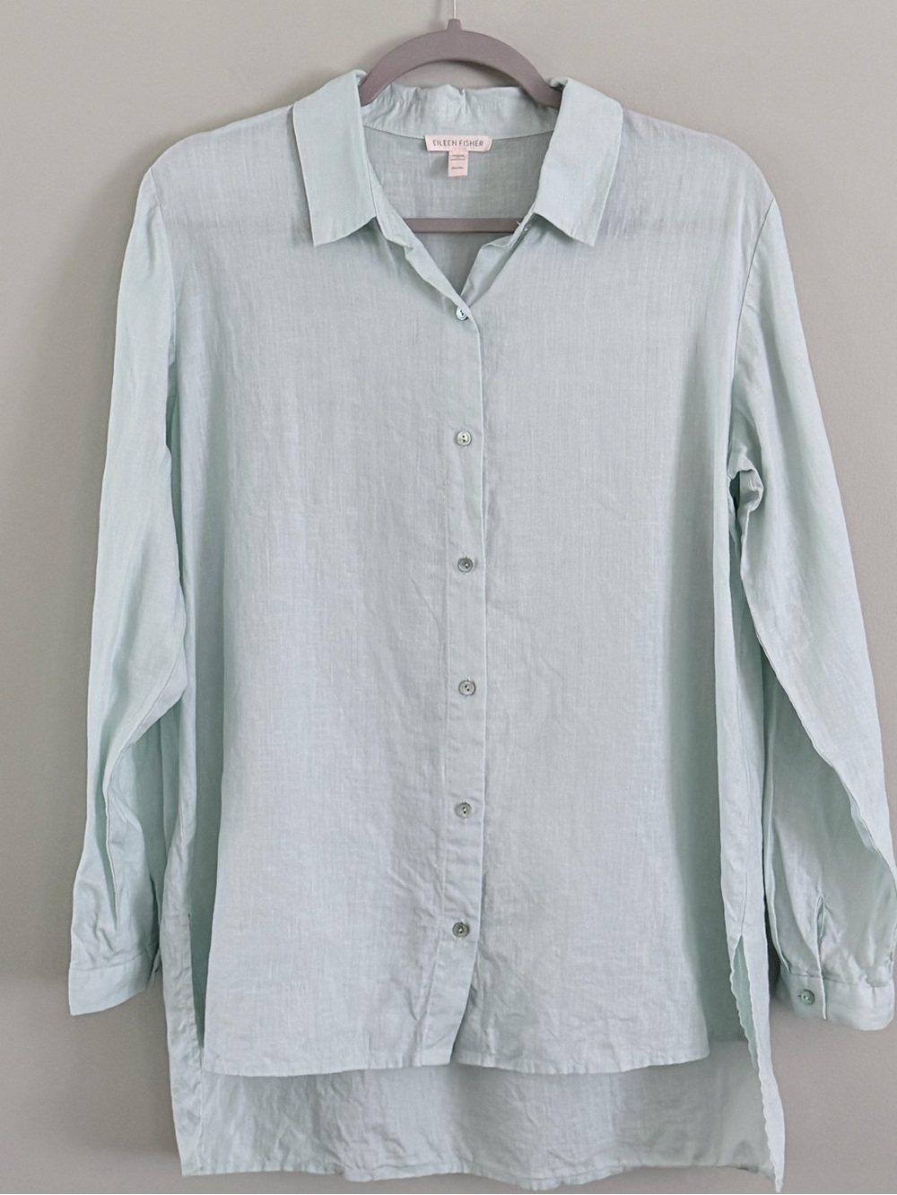 Eileen Fisher Organic Linen Button Down Shirt Mint Green Oversized Petite Medium